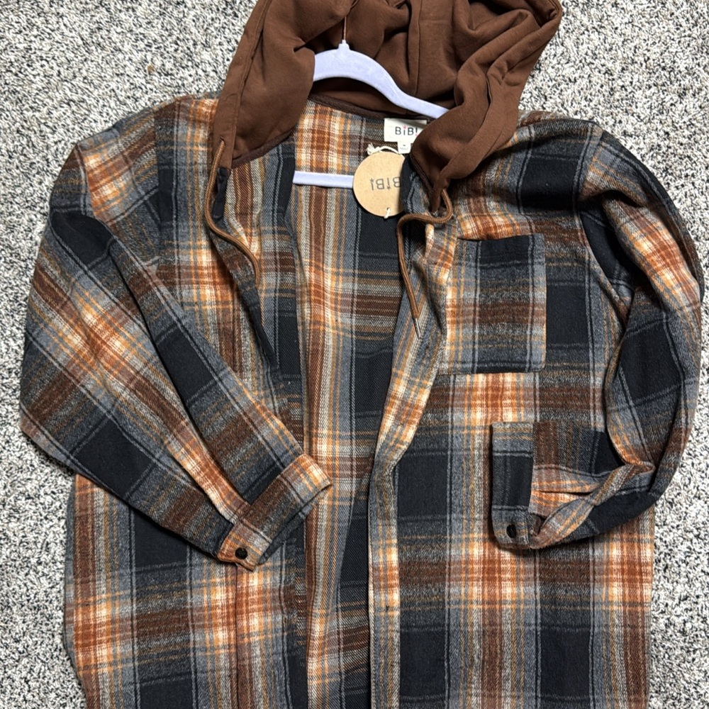 Bibi Plaid Flannel Shacket with Brown Hood